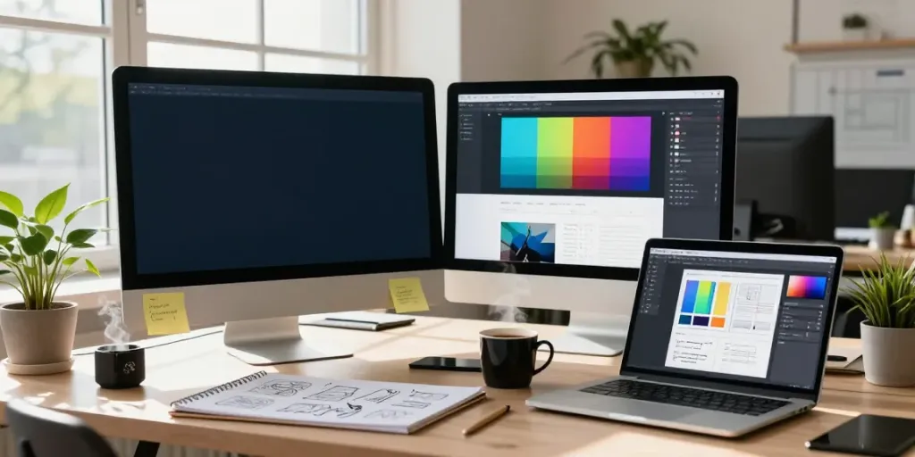 Webdesign Saarland von einem Designer in einem kreativen Büro mit Monitoren und Entwürfen.