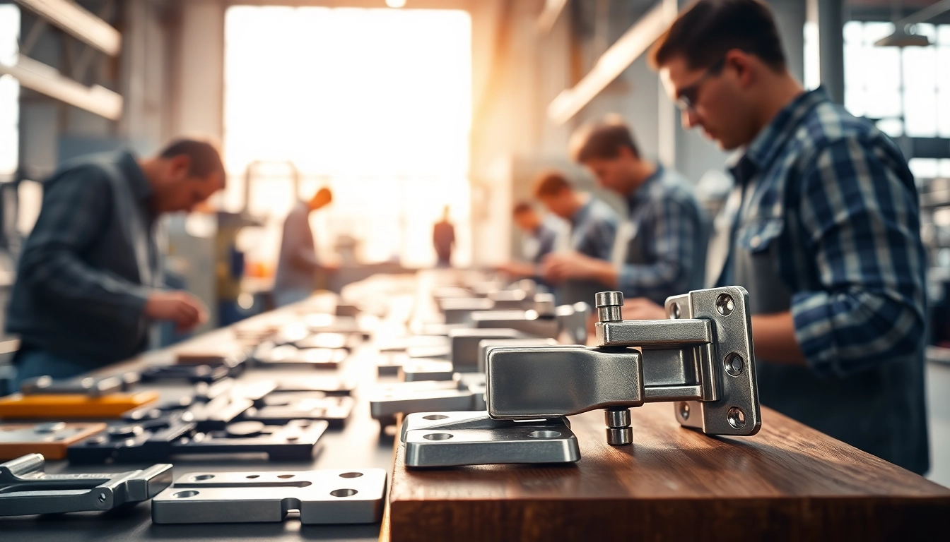 Hinge Supplier manufacturing precision hinges with skilled workers in a modern factory setting.