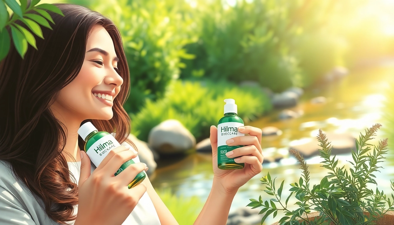 Hilma Biocare Produkte in der Hand eines gesunden Individuums in natürlicher Umgebung