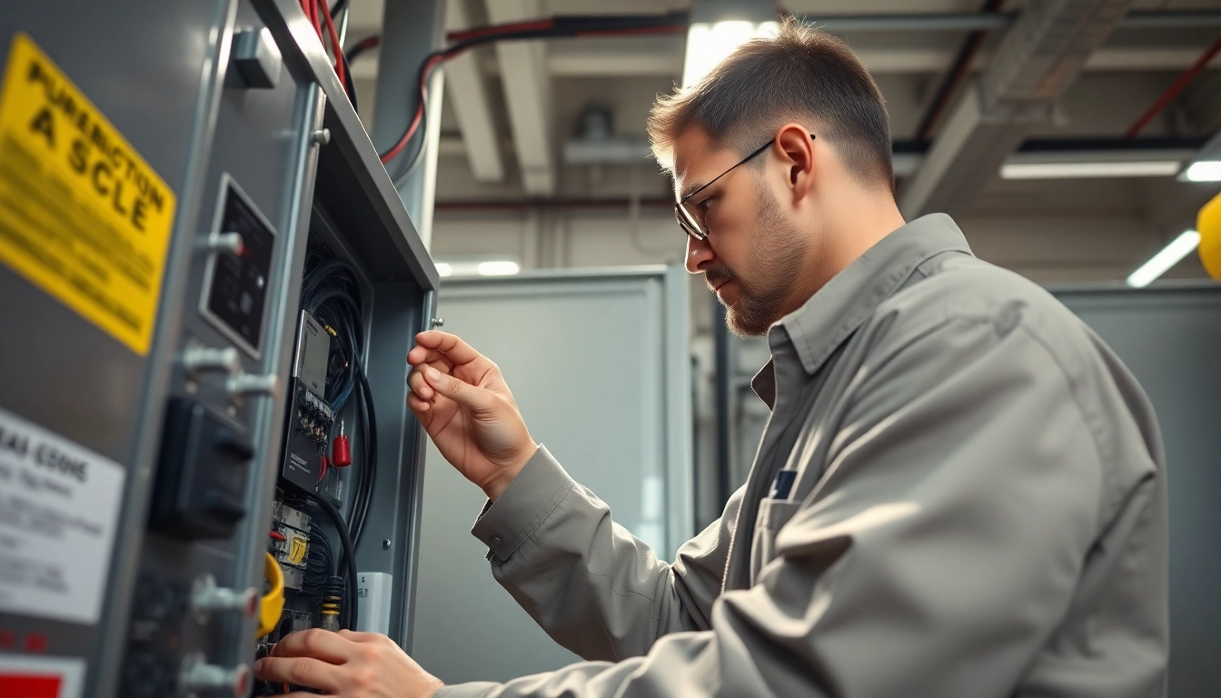Technician conducting a DGUV V3 Prüfung on electrical equipment, ensuring workplace safety and compliance.