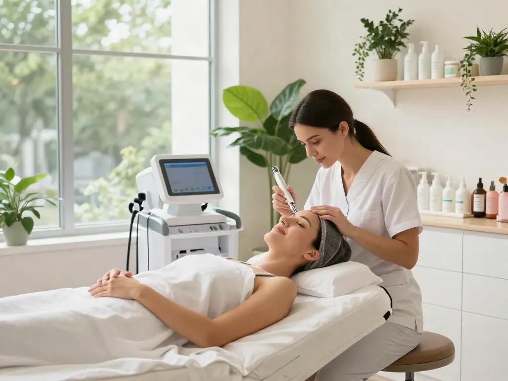 Augenringe entfernen Behandlung im Beauty-Salon mit zufriedener Kundin.