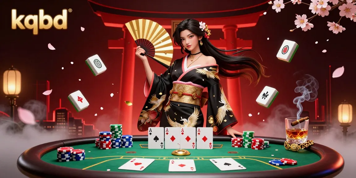 Win exciting games at kqbd with a stunning poker table, glamorous elements, and a captivating Asian woman.