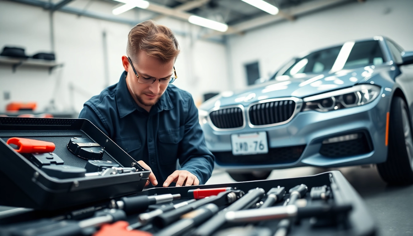 BMW Spezialist arbeitet an einem BMW in einer modernen Garage.