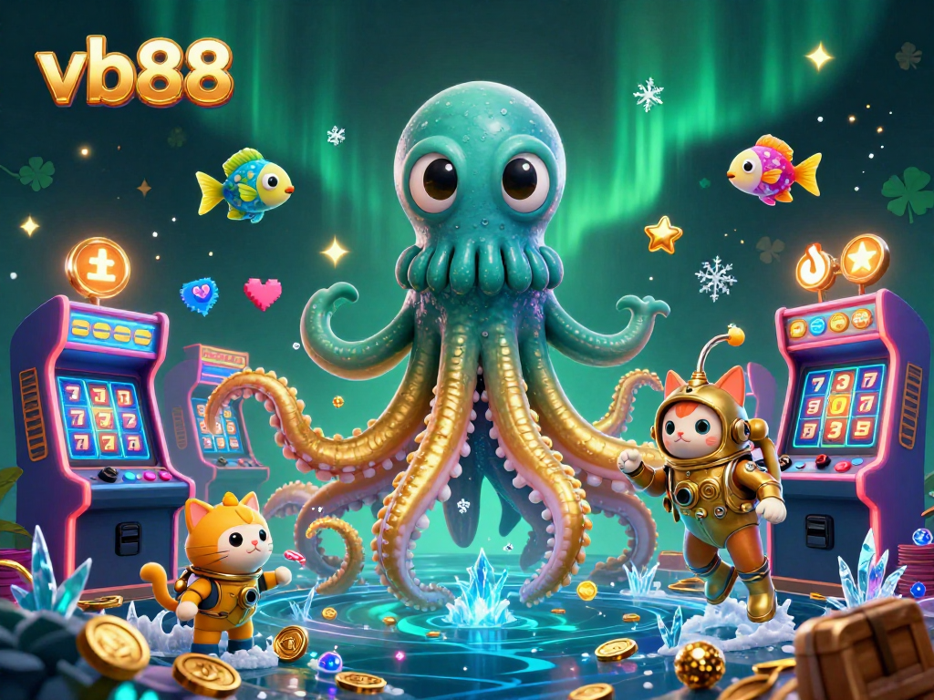 Engage with vb88's thrilling slot reels featuring a kraken and a diving cat in a colorful casino scene.