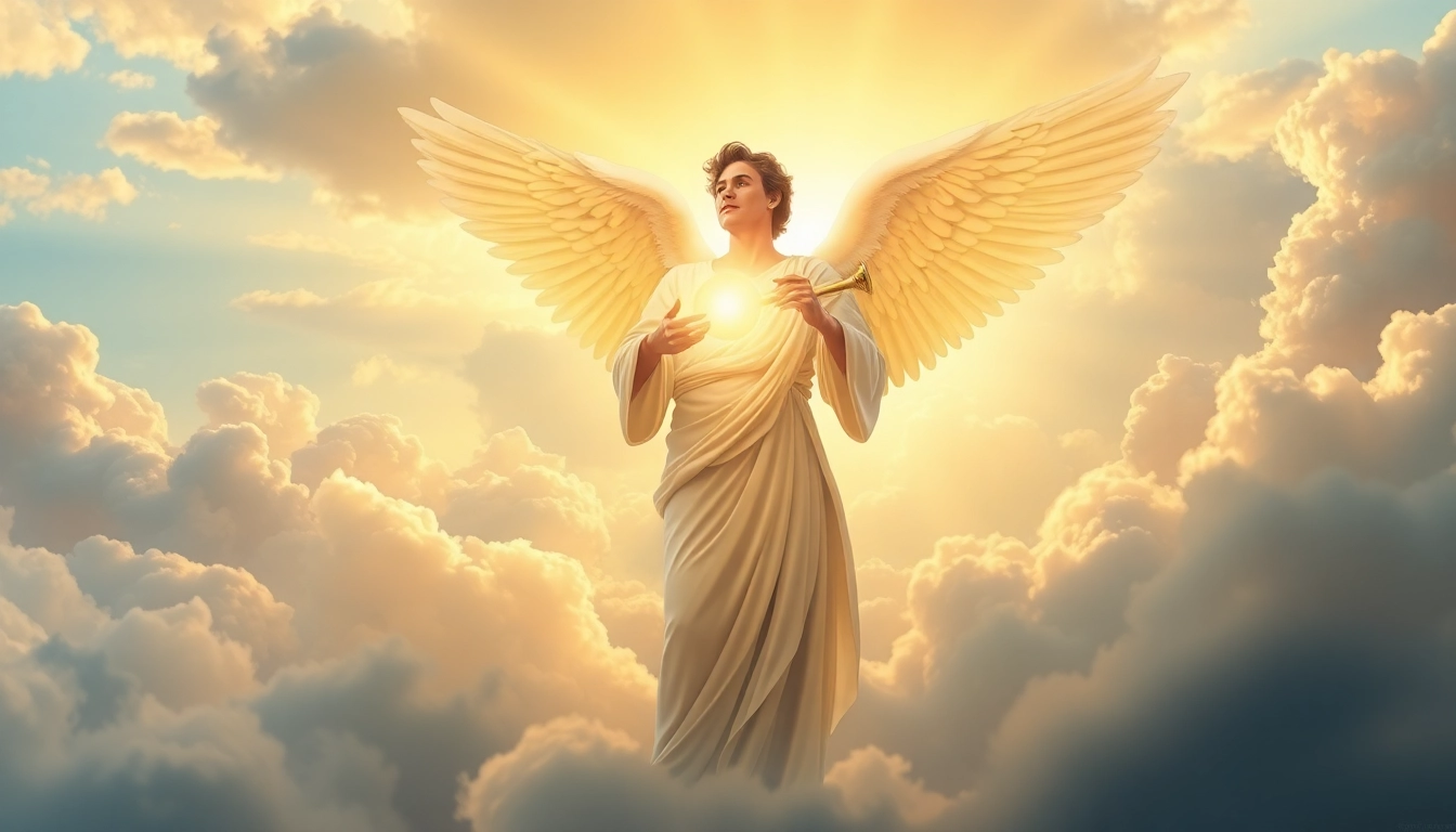 Erzengel Gabriel in einer heiligen Darstellung mit leuchtendem Trompeten in den Wolken.
