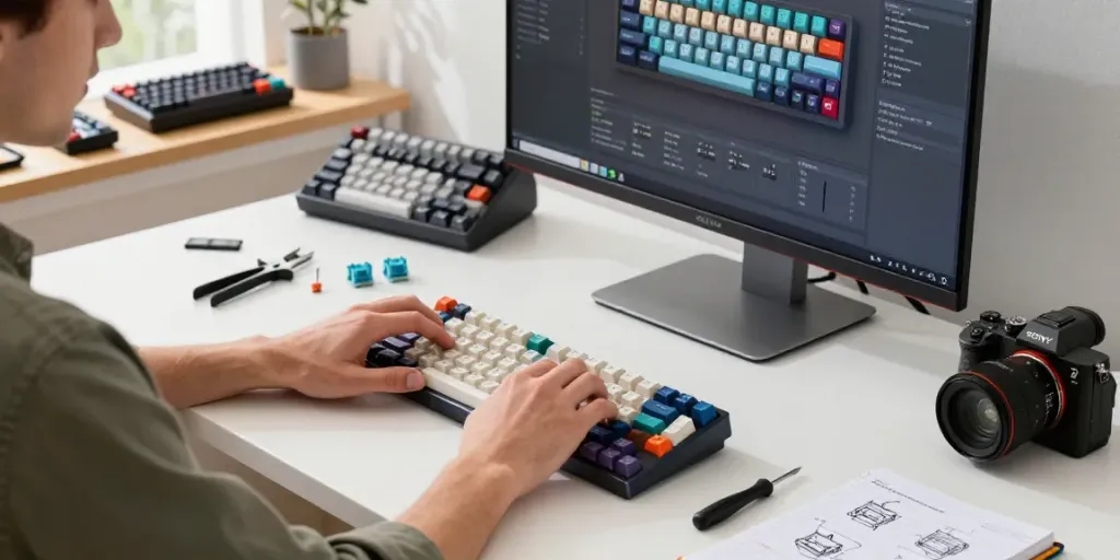 Building a custom mechanical setup with an H60 case for Wooting and vibrant keycaps in a modern workspace.