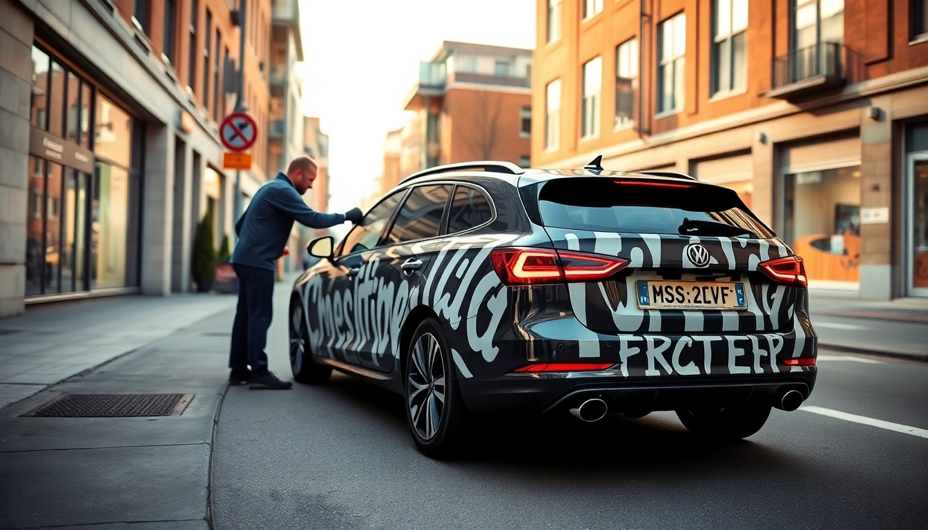 Autobestickering: Professionelle Fahrzeugbeschriftung in urbaner Umgebung.