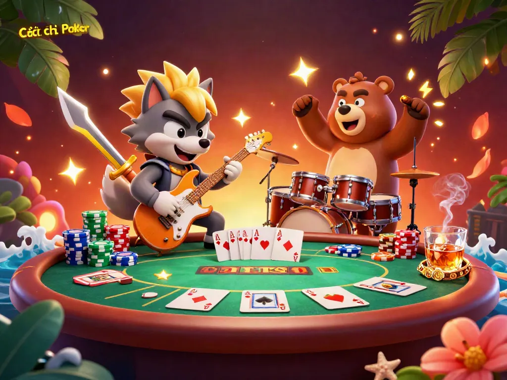 Cách chơi Poker with a vibrant illustration of a rock star wolf and a drummer bear on a casino stage.