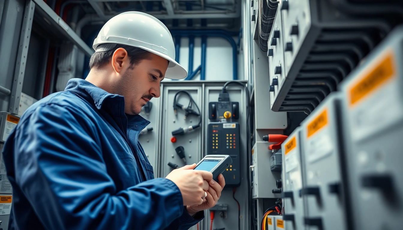 Technician conducting a DGUV V3 Prüfung to ensure electrical safety and compliance in an organized workspace.