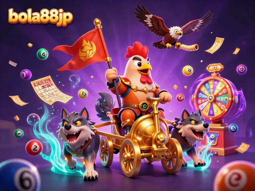 Engage with bola88jp's vibrant 3D scene featuring a rooster warlord in a golden chariot amidst a dynamic lottery atmosphere.