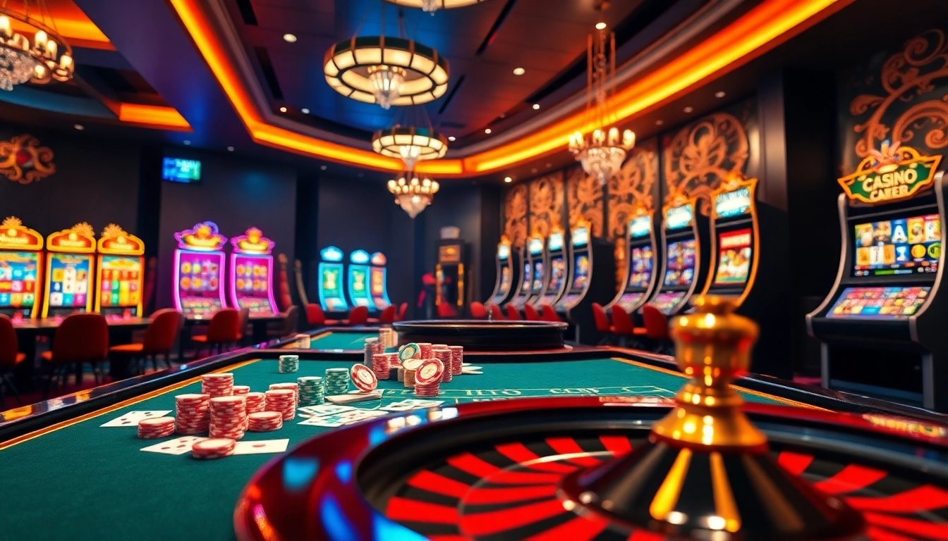Engaging scene of luxury casino gambling featuring 88i nhà cái with vibrant tables and roulette wheel.