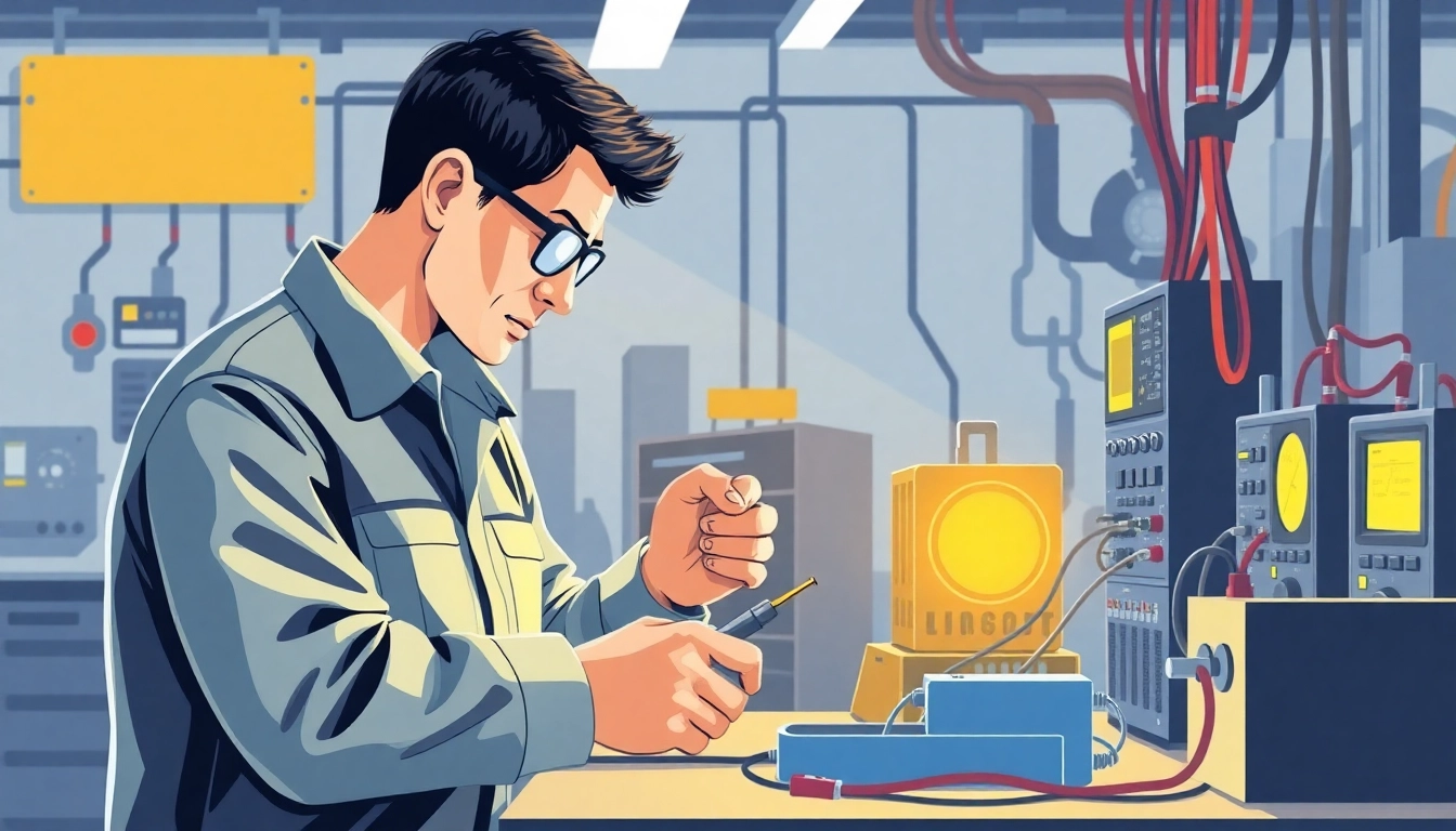 Technician performing Geräteprüfung on electrical equipment, showcasing detailed inspection processes.