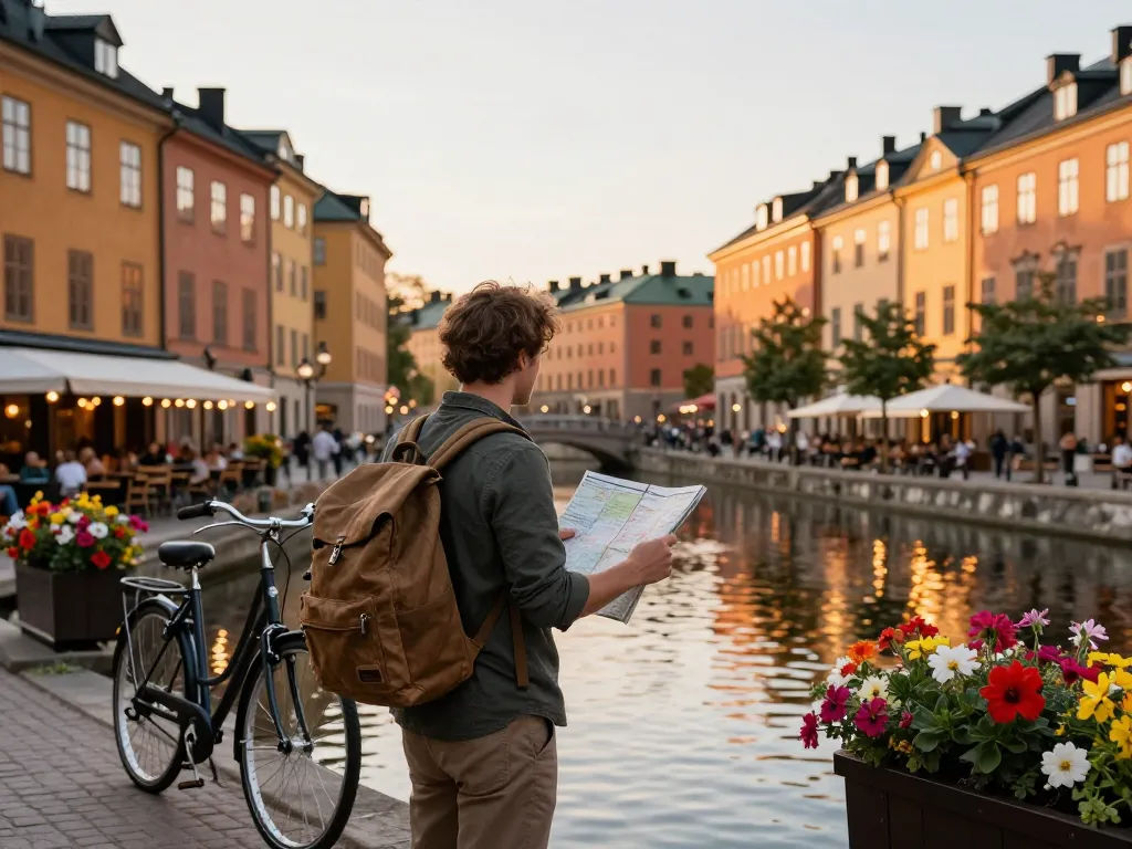 Reisetipps Stockholm: Reisender genießt schöne Kanäle und historische Architektur in Stockholm während des Sonnenaufgangs.