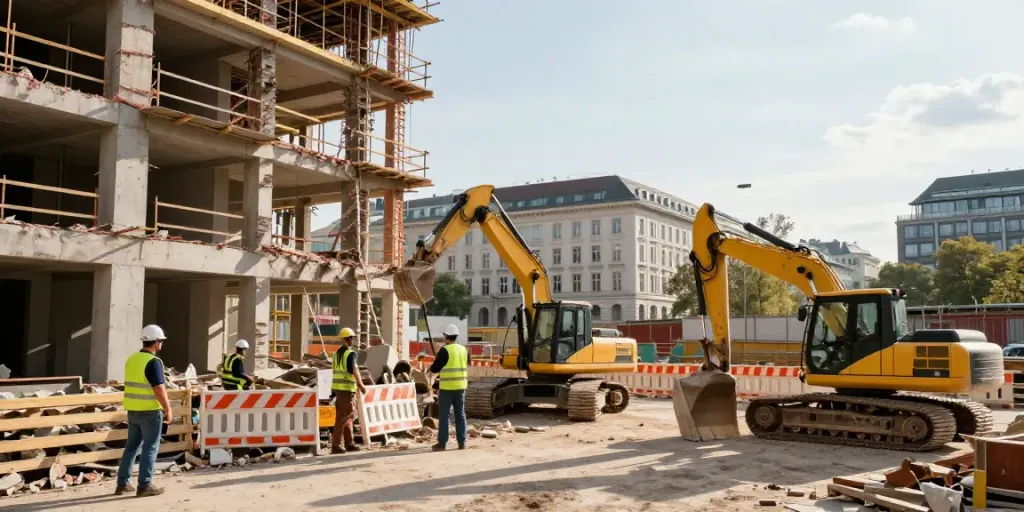 Professionelle Abrissarbeiten in Wien mit schwerem Gerät und Arbeitern.