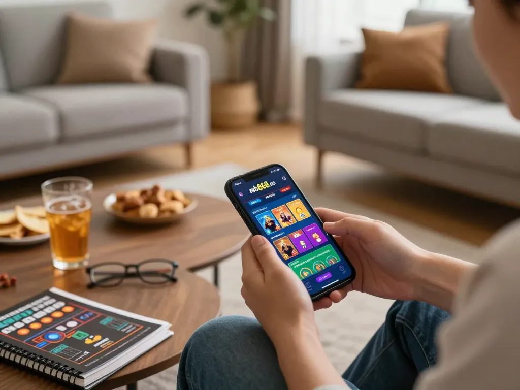 Player engaging in online gaming on mb668.co from a cozy home setup with smartphone and strategy notes.