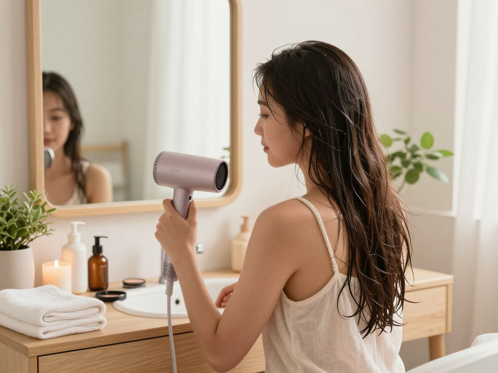 Young woman using a small hair dryer in a stylish bathroom with skincare products.
