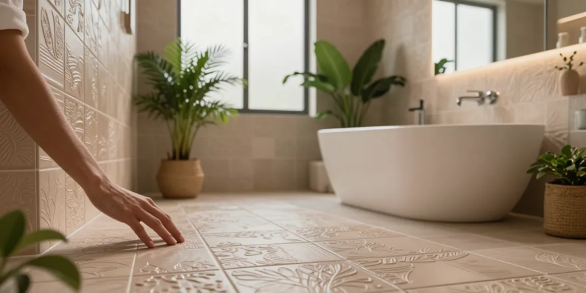 Ontdek de schoonheid van badkamer tegels met relief in een luxueuze badkameromgeving.