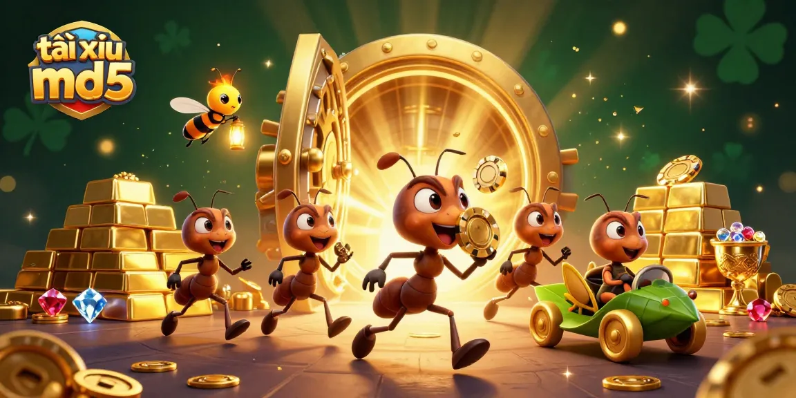 Smartly scheming ants convey the excitement of tài xỉu md5 as they transport a massive gold poker chip.