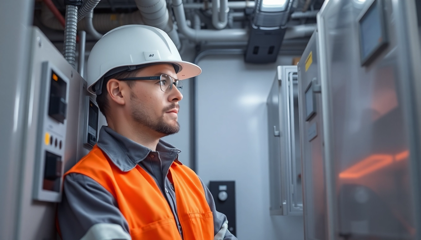 Ensure safety compliance with a technician conducting a DGUV V3 Prüfung on electrical equipment in a modern workspace.