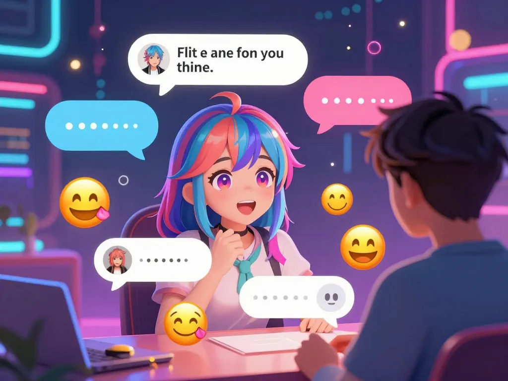 Interactive hentai ai chat with vibrant character and dynamic chat bubbles in a fantasy digital landscape.