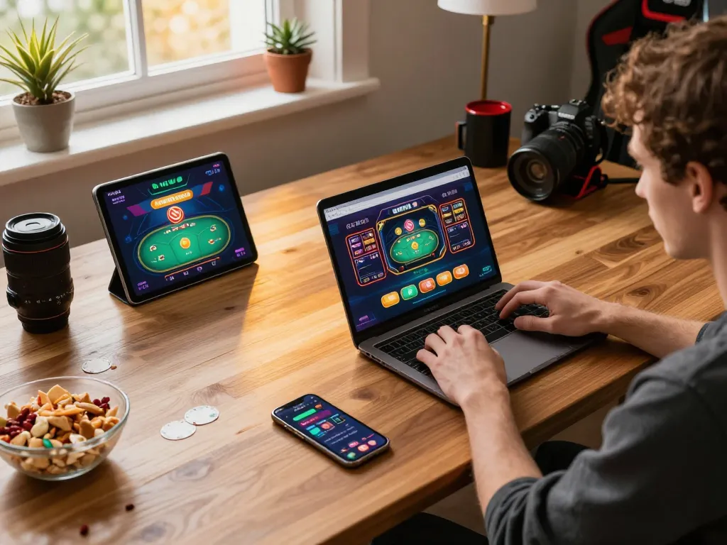 Engaged player using 56WIN on laptop in cozy home gaming setup.