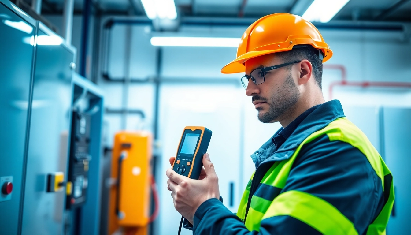 Technician performing DGUV V3 Prüfung for workplace electrical safety inspection