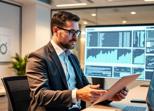 Unternehmensberatung: Ein Unternehmensberater analysiert Geschäftsdaten in einem modernen Büro.