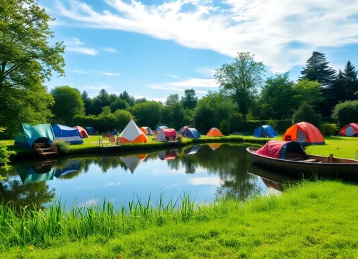 Experience the beauty of giethoorn camping with a serene lake and colorful tents in a tranquil setting.