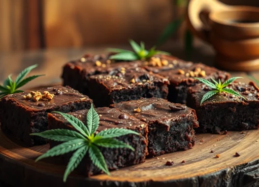 Delicious cannabis brownies topped with cocoa powder and herbs.