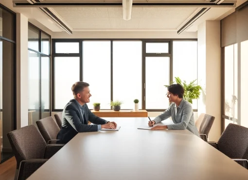 Karriere Coaching: Ein professioneller Coach unterstützt einen Klienten in einem modernen, einladenden Büro.