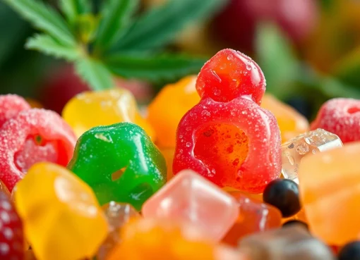 Enjoy colorful Thc gummibärchen arranged playfully with fruit elements, showcasing flavorful variety.