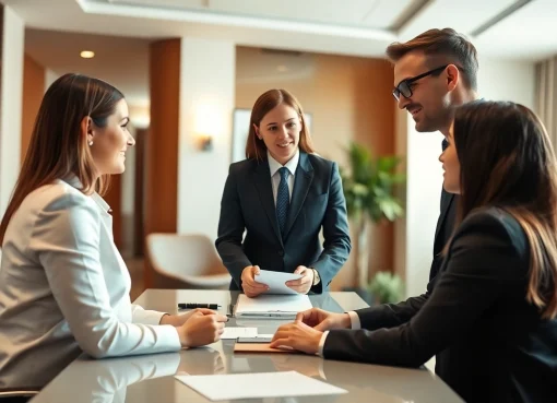 Headhunter consulting a candidate in a modern office, highlighting professionalism and engagement.