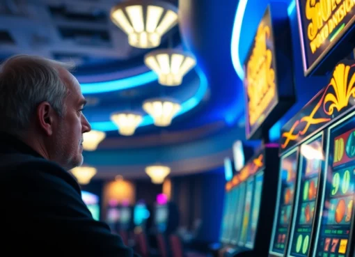 Spiele im casino ohne anmeldung an einem bunten Slotautomaten mit Neonlichtern.