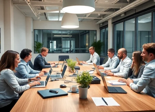 Beratungsunternehmen im modernen Büro diskutieren Strategien und Lösungen mit einem Fokus auf effektive Zusammenarbeit.
