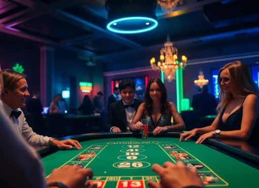Casino ohne Limit: Spieler genießen eine aufregende Atmosphäre im Online-Casino mit leuchtenden Neonlichtern und festlichem Ambiente.