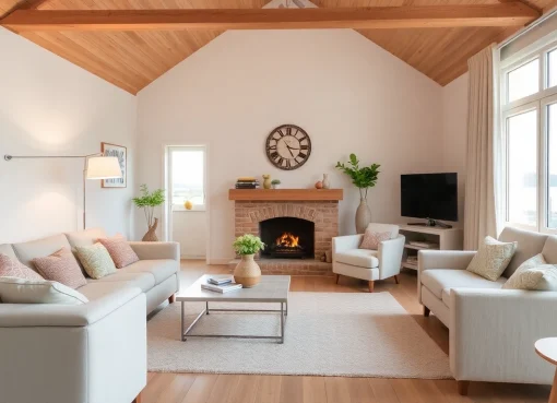 Optimal gestaltete Immobilienpräsentation Chiemsee mit modernen Möbeldetails in einem einladenden Raum.