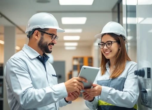 Prüfer untersucht elektrische Sicherheit gemäß DGUV V3 Prüfung in einem hellen Büro.