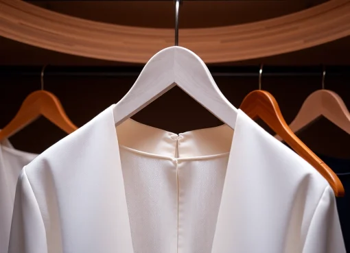 Präsentiere stilvolle kleiderbügel aus Holz und Metall in sanfter Beleuchtung zur Schaffung einer ansprechenden Garderobenansicht.