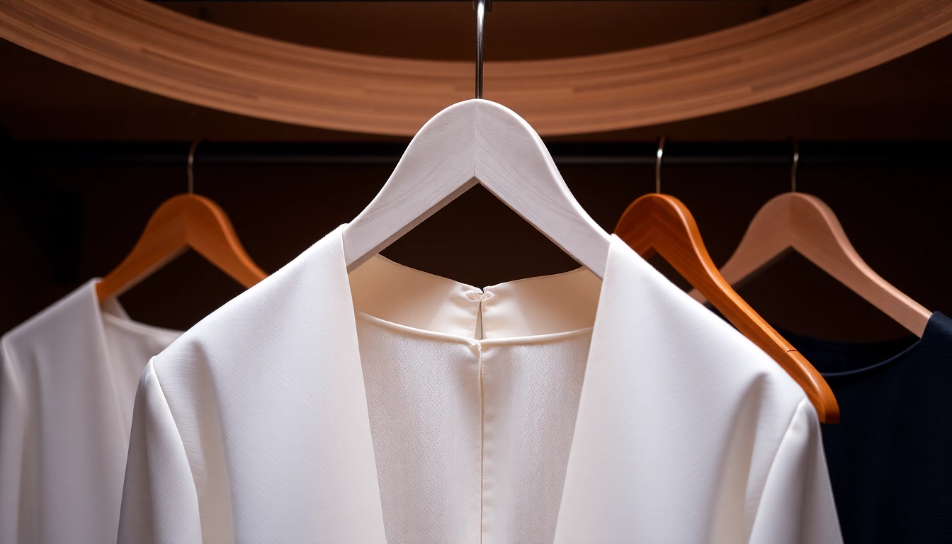 Präsentiere stilvolle kleiderbügel aus Holz und Metall in sanfter Beleuchtung zur Schaffung einer ansprechenden Garderobenansicht.