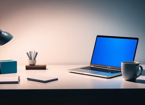 Stellenangebote - Zeigen Sie einen stilvollen und organisierten Arbeitsplatz mit Laptop und Notizen.