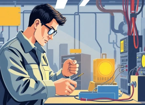 Technician performing Geräteprüfung on electrical equipment, showcasing detailed inspection processes.