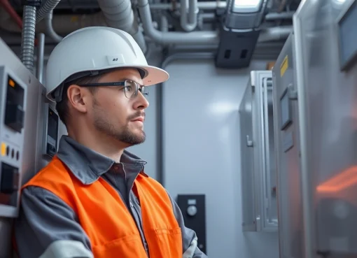 Ensure safety compliance with a technician conducting a DGUV V3 Prüfung on electrical equipment in a modern workspace.