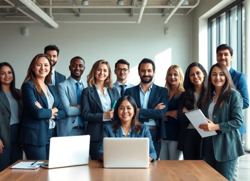 Using the best headshot AI generator, a diverse group of professionals poses confidently in a bright office.