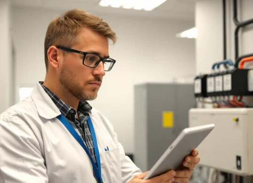 Prüfer bei der DGUV V3 Prüfung elektrischer Geräte in einem modernen Büro, Sicherheitsfokus und professionelle Dokumentation.