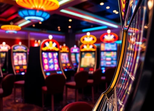 Gewinne mit dem Casino Bonus an einem glänzenden Spielautomaten, umgeben von bunten Lichtern und lebhafter Atmosphäre.