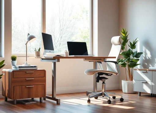 Büromöbel in einer modernen Büroeinrichtung mit ergonomischem Schreibtisch und Stuhl.