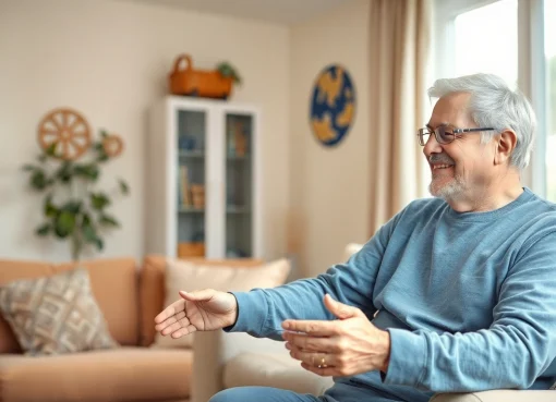 Pflegedienstberater unterstützt eine ältere Person beim Haushalt im gemütlichen Wohnzimmer.