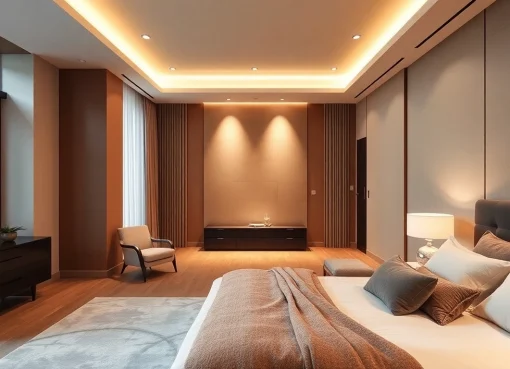 Luxury bedroom showcasing plush textiles and warm lighting for a serene atmosphere.