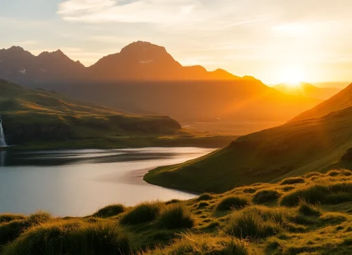 Erleben Sie eine beeindruckende Reise nach Island mit atemberaubenden Wasserfällen und majestätischen Bergen im Hintergrund während eines wunderschönen Sonnenuntergangs.