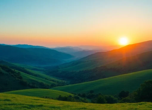 Showcase a tranquil valley scene representing Klima and environmental harmony in vibrant colors.